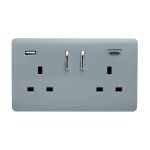 Cool Grey Screwless 2 Gang Switched Double Socket 13A With 1 x USB-A & 1 x USB-C 15W (Shared), (35mm Back Box Req.), 10yrs Warranty