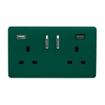 Dark Green Screwless 2 Gang Switched Double Socket 13A With 1 x USB-A & 1 x USB-C 15W (Shared), (35mm Back Box Req.), 10yrs Warranty