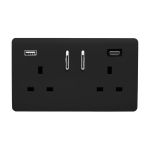 Matt Black Screwless 2 Gang Switched Double Socket 13A With 1 x USB-A & 1 x USB-C 15W (Shared), (35mm Back Box Req.), 10yrs Warranty