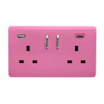Pink Screwless 2 Gang Switched Double Socket 13A With 1 x USB-A & 1 x USB-C 15W (Shared), (35mm Back Box Req.), 10yrs Warranty