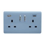 Sky Blue Screwless 2 Gang Switched Double Socket 13A With 1 x USB-A & 1 x USB-C 15W (Shared), (35mm Back Box Req.), 10yrs Warranty