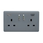 Warm Grey Screwless 2 Gang Switched Double Socket 13A With 1 x USB-A & 1 x USB-C 15W (Shared), (35mm Back Box Req.), 10yrs Warranty