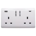 Ice White Screwless 2 Gang Switched Double Socket 13A With 1 x USB-A & 1 x USB-C 15W (Shared), (35mm Back Box Req.), 10yrs Warranty