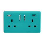 Bright Teal Screwless 2 Gang Switched Double Socket 13A With 1 x USB-A & 1 x USB-C 45W (Shared), (35mm Back Box Req.), 10yrs Warranty