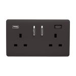 Dark Brown Screwless 2 Gang Switched Double Socket 13A With 1 x USB-A & 1 x USB-C 45W (Shared), (35mm Back Box Req.), 10yrs Warranty