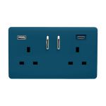Midnight Blue Screwless 2 Gang Switched Double Socket 13A With 1 x USB-A & 1 x USB-C 45W (Shared), (35mm Back Box Req.), 10yrs Warranty