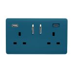 Ocean Blue Screwless 2 Gang Switched Double Socket 13A With 1 x USB-A & 1 x USB-C 45W (Shared), (35mm Back Box Req.), 10yrs Warranty