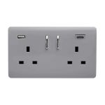 Platinum Silver Screwless 2 Gang Switched Double Socket 13A With 1 x USB-A & 1 x USB-C 45W (Shared), (35mm Back Box Req.), 10yrs Warranty
