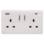 Ice White Screwless 2 Gang Switched Double Socket 13A With 1 x USB-A & 1 x USB-C 45W (Shared), (35mm Back Box Req.), 10yrs Warranty