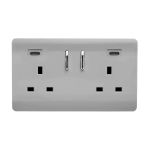 Brushed Steel Screwless 2 Gang Switched Double Socket 13A With 2 x USB-C 45W (Shared), (35mm Back Box Req.), 10yrs Warranty