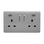 Light Grey Screwless 2 Gang Switched Double Socket 13A With 2 x USB-C 45W (Shared), (35mm Back Box Req.), 10yrs Warranty