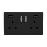 Matt Black Screwless 2 Gang Switched Double Socket 13A With 2 x USB-C 45W (Shared), (35mm Back Box Req.), 10yrs Warranty