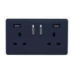 Navy Blue Screwless 2 Gang Switched Double Socket 13A With 2 x USB-C 45W (Shared), (35mm Back Box Req.), 10yrs Warranty
