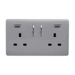 Platinum Silver Screwless 2 Gang Switched Double Socket 13A With 2 x USB-C 45W (Shared), (35mm Back Box Req.), 10yrs Warranty