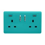 Bright Teal Screwless 2 Gang Switched Double Socket 13A With 2 x USB-C 24W (Shared), (35mm Back Box Req.), 10yrs Warranty