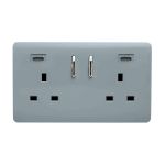 Cool Grey Screwless 2 Gang Switched Double Socket 13A With 2 x USB-C 24W (Shared), (35mm Back Box Req.), 10yrs Warranty