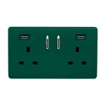 Dark Green Screwless 2 Gang Switched Double Socket 13A With 2 x USB-C 24W (Shared), (35mm Back Box Req.), 10yrs Warranty