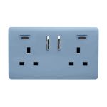 Sky Blue Screwless 2 Gang Switched Double Socket 13A With 2 x USB-C 24W (Shared), (35mm Back Box Req.), 10yrs Warranty