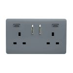 Warm Grey Screwless 2 Gang Switched Double Socket 13A With 2 x USB-C 24W (Shared), (35mm Back Box Req.), 10yrs Warranty