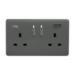 Charcoal Screwless 2 Gang Switched Double Socket 13A With 1 x USB-A & 1 x USB-C 65W (Shared), (35mm Back Box Req.), 10yrs Warranty
