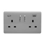 Light Grey Screwless 2 Gang Switched Double Socket 13A With 1 x USB-A & 1 x USB-C 65W (Shared), (35mm Back Box Req.), 10yrs Warranty