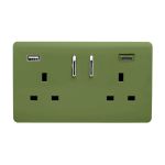 Moss Green Screwless 2 Gang Switched Double Socket 13A With 1 x USB-A & 1 x USB-C 65W (Shared), (35mm Back Box Req.), 10yrs Warranty