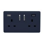 Navy Blue Screwless 2 Gang Switched Double Socket 13A With 1 x USB-A & 1 x USB-C 65W (Shared), (35mm Back Box Req.), 10yrs Warranty