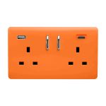 Orange Screwless 2 Gang Switched Double Socket 13A With 1 x USB-A & 1 x USB-C 65W (Shared), (35mm Back Box Req.), 10yrs Warranty
