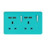 Trendi, Artistic 2 Gang 13Amp Switched Double Socket With 4X 2.1Mah USB Bright Teal Finish, BRITISH MADE, (45mm Back Box Required), 5yrs Warranty