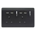 Trendi, Artistic Modern 2 Gang 13Amp Switched Double Socket With 4X 2.1Mah USB Matt Black Finish, BRITISH MADE, (45mm Back Box Required) 5yrs Warranty