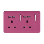 Trendi, Artistic 2 Gang 13Amp Switched Double Socket With 4X 2.1Mah USB Pink Finish, BRITISH MADE, (45mm Back Box Required), 5yrs Warranty