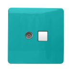 Trendi, Artistic Modern TV Co-Axial & RJ11 Telephone Bright Teal Finish, BRITISH MADE, (35mm Back Box Required), 5yrs Warranty