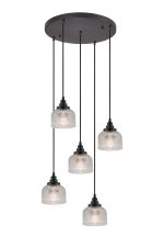 Arvo 5 Light Round Pendant, E27, Satin Black/Prismatic Dome Glass, Clear