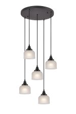 Arvo 5 Light Round Pendant, E27, Satin Black/Prismatic Dome Glass, Frosted