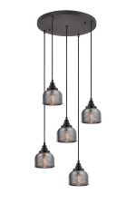 Arvo 5 Light Round Pendant, E27, Satin Black/Prismatic Dome Glass, Smoke
