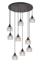 Arvo 9 Light Round Pendant, E27, Satin Black/Prismatic Dome Glass, Clear