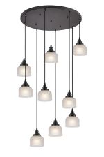 Arvo 9 Light Round Pendant, E27, Satin Black/Prismatic Dome Glass, Frosted