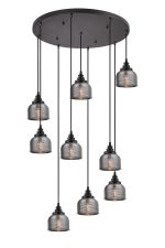 Arvo 9 Light Round Pendant, E27, Satin Black/Prismatic Dome Glass, Smoke