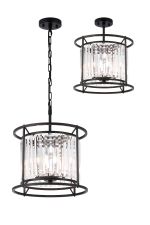 Munito IP 36cm Pendant/Semi Ceiling Convertible, 3 x G9, IP44, Satin Black/Clear Crystal