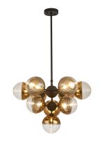 Fiorella Telescopic Multi Arm Pendant, 10 x G9, Satin Black/Gold/Clear Two-Tone Round Spiral Glass (A)
