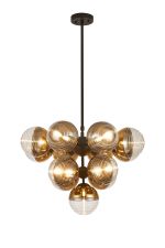 Fiorella Telescopic Multi Arm Pendant, 13 x G9, Satin Black/Gold/Clear Two-Tone Round Spiral Glass (A)