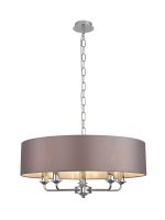 Banyan 5 Light Multi Arm Pendant, With 1.5m Chain, E14 Polished Chrome With 60cm x 15cm Faux Silk Shade, Grey
