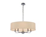 Banyan 5 Light Multi Arm Pendant, With 1.5m Chain, E14 Polished Chrome With 60cm x 15cm Faux Silk Shade, Ivory Pearl/White Laminate