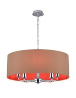 Banyan 5 Light Multi Arm Pendant, With 1.5m Chain, E14 Polished Chrome With 60cm x 22cm Dual Faux Silk Shade, Antique Gold/Ruby