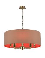 Banyan 5 Light Multi Arm Pendant, With 1.5m Chain, E14 Antique Brass With 60cm x 22cm Dual Faux Silk Shade, Antique Gold/Ruby