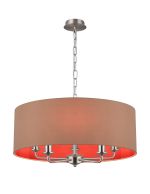 Banyan 5 Light Multi Arm Pendant, With 1.5m Chain, E14 Satin Nickel With 60cm x 22cm Dual Faux Silk Shade, Antique Gold/Ruby