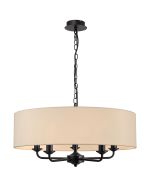 Banyan 5 Light Multi Arm Pendant With 60cm x 15cm Faux Silk Fabric Shade Matt Black/Ivory Pearl