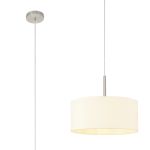 Baymont Satin Nickel 1 Light E27 Single Pendant With 40cm x 18cm Faux Silk Shade, Ivory Pearl/White Laminate