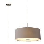 Baymont Satin Nickel 5 Light E27 Single Pendant With 60cm x 22cm Faux Silk Shade, Grey/White Laminate & Frosted/PC Acrylic Diffuser