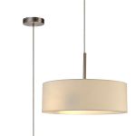 Baymont Satin Nickel 3 Light E27 Single Pendant, With 45cm x 15cm Faux Silk Shade, Ivory Pearl/White Laminate